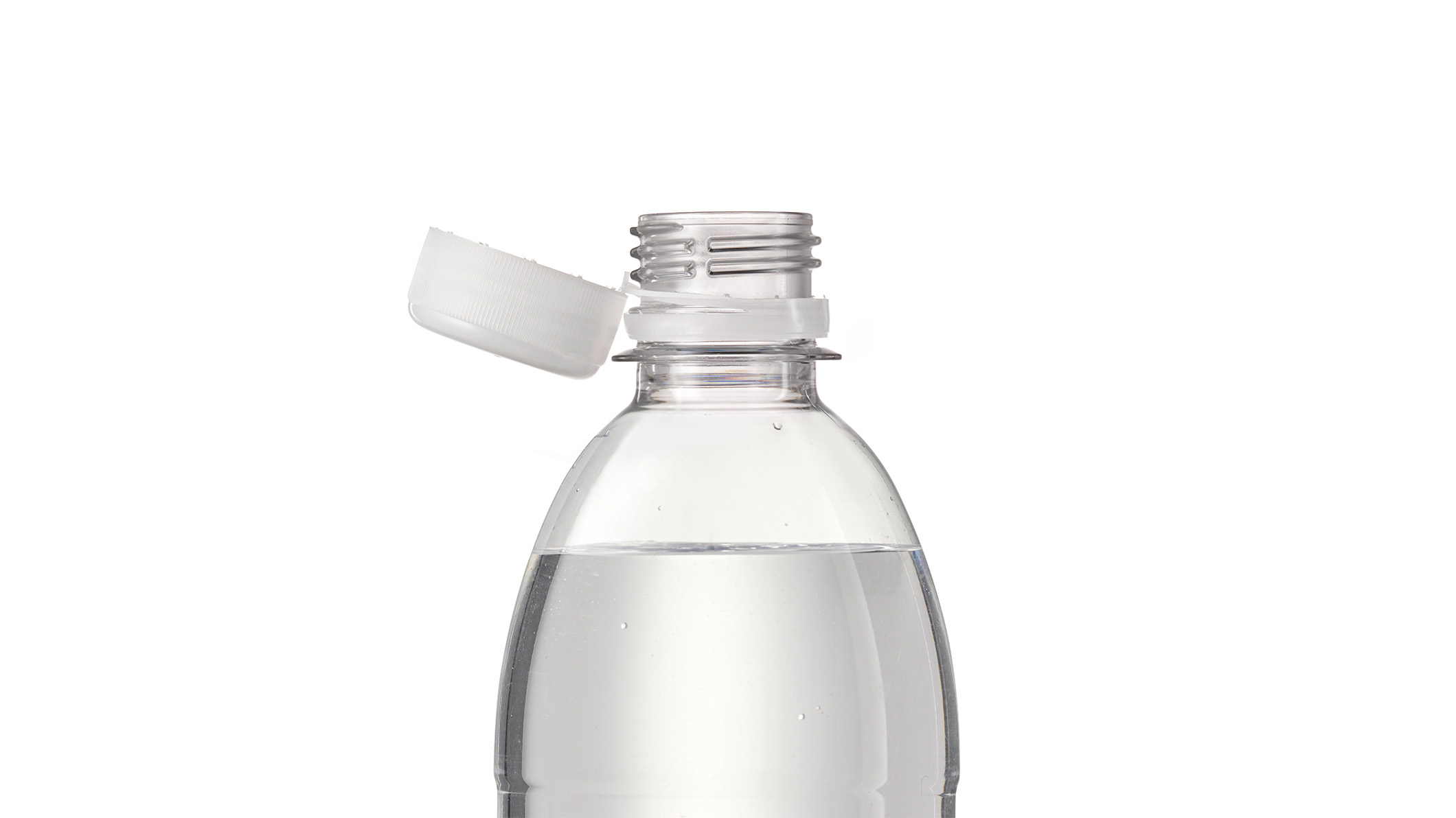 The white Tethered cap remains firmly attached to the bottle after opening. The cap is manufactured by ALPLA Group